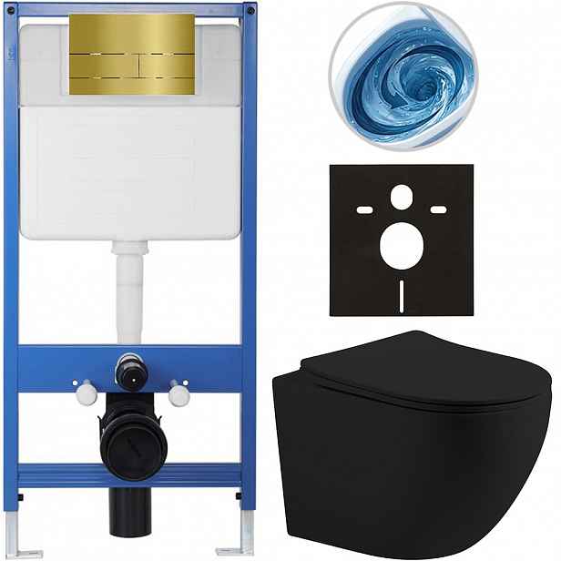 Kompletní WC set Profi/Cesso - černá matná - WC tlačítko Line. zlatá - předstěnová instalace - 49x36 cm