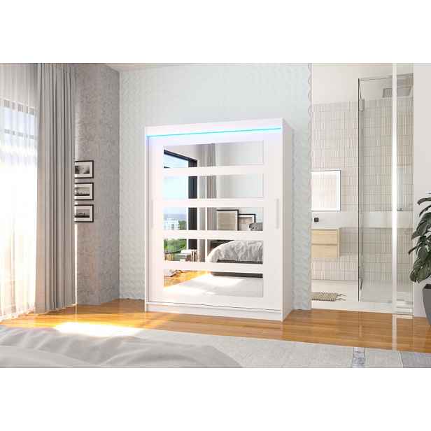 Šatní skříň se zrcadlem a LED osvětlením 150 cm HAVARA - bílá