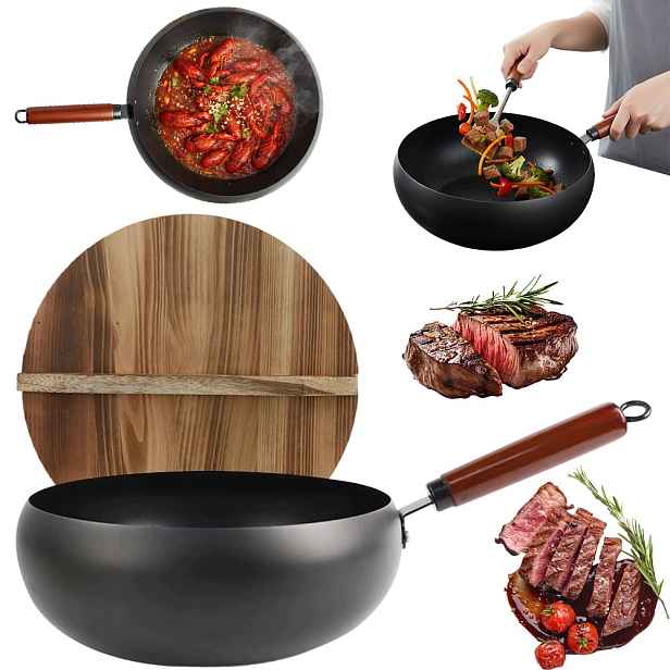 Wok pánev 28 cm ocelová hluboká černá s dřevěným víkem pro indukci.
