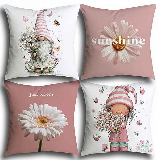 TEMU 4 ks povlaků na polštáře s jarní tématikou, růžové – s květinovým, trpasličí a motýlí designem pro domácí dekoraci (polyester, 45X45 cm, 18X18