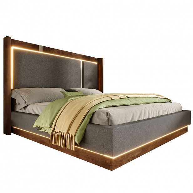 CHICFURN ČALOUNĚNÁ POSTEL 140/190 cm v šedé a ořechové barvě s LED a úložným prostorem