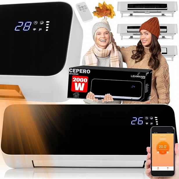 Vzduchová Clona Termoventilátor Elektrický Ohřívač 2000W Wi-Fi Dálkové Ovládání