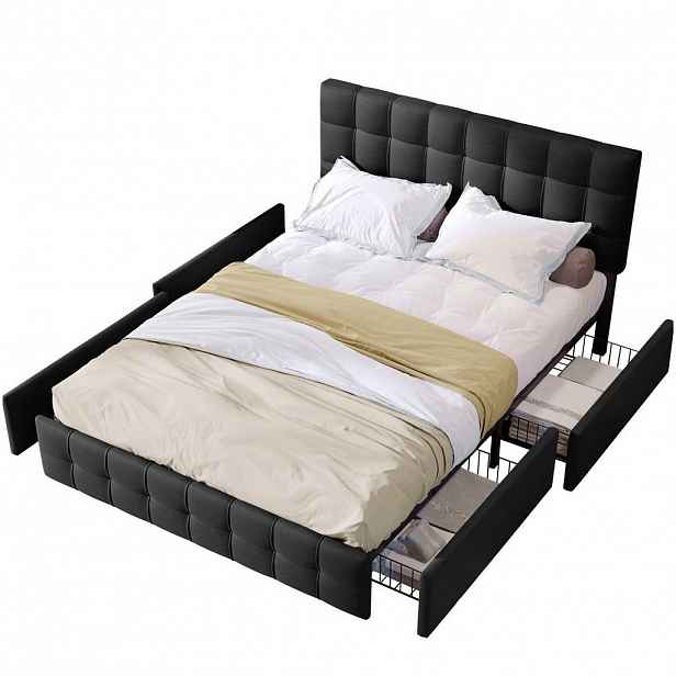 OKWISH ČALOUNĚNÁ postel 140/200 cm černá z lnu se 4 zásuvkami a nastavitelným čelem