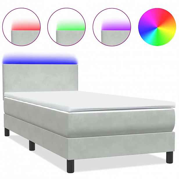 vidaXL Box spring postel s matrací a LED světle šedá 80x220 cm samet