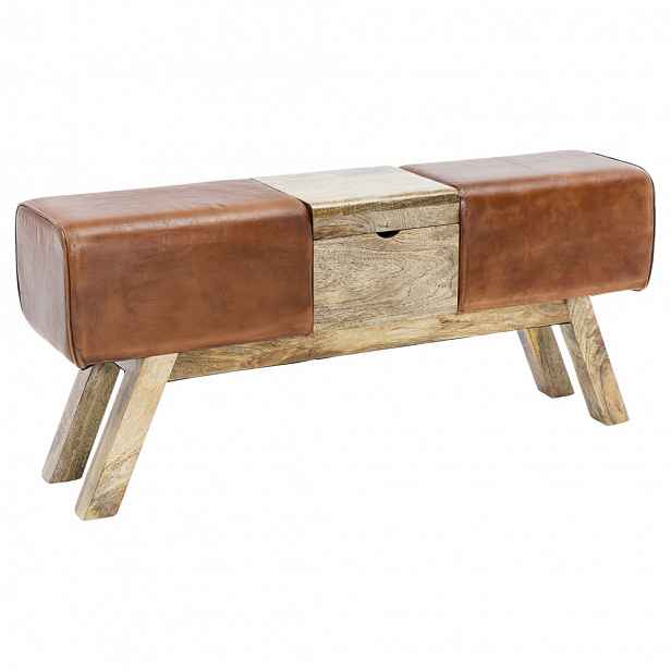 Dvoumístná lavice z kůže a dřeva s úložným prostorem