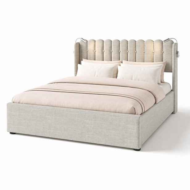 CHICFURN ČALOUNĚNÁ POSTEL 140/200 cm v přírodní barvě s úložným prostorem, čtecím světlem a USB z lnu
