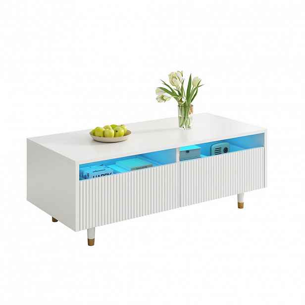 OKWISH KONFERENČNÍ stolek 110/50/40 cm bílý z MDF se 2 zásuvkami a LED osvětlením