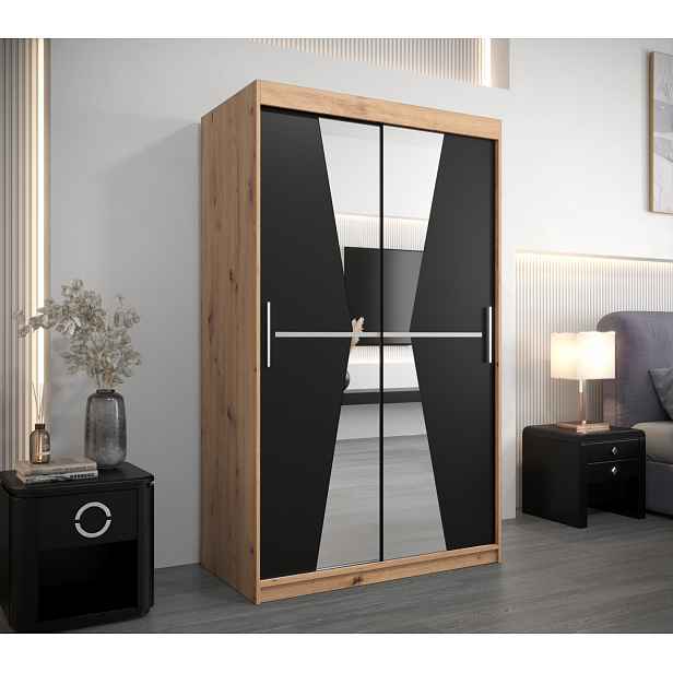 Šatní skříň se zrcadly MILANA - šířka 120 cm, dub artisan / černá