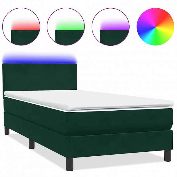 vidaXL Box spring postel s matrací a LED tmavě zelená 80x220 cm samet