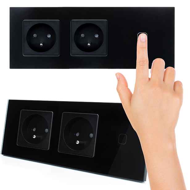 2x Elektrická Zásuvka Dvojitá černá Dotykový spínač Skleněný Led panel