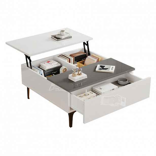 OKWISH KONFERENČNÍ stolek 70/70/35 cm bílý a šedý z MDF s výklopnou deskou LED a úložným prostorem