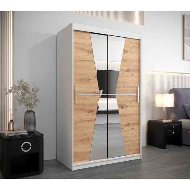 Šatní skříň se zrcadly MILANA - šířka 120 cm, bílá / dub artisan