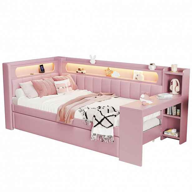CHICFURN POSTEL 90/200 cm & 90/190 cm v růžové barvě s výsuvným lůžkem, stolem, LED a USB