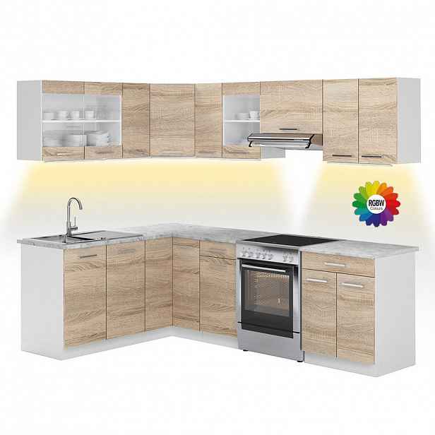 Vicco ROHOVÁ KUCHYŇSKÁ LINKA R-Line, Sonoma/Bílá, 247 x 167 cm s pracovní deskou s páskem LED