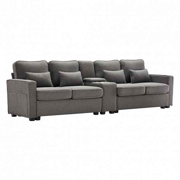 Redom POHOVKA 290/83/88 cm se 2 USB porty, 2 držáky na nápoje a úložnou konzolí, tmavě šedá