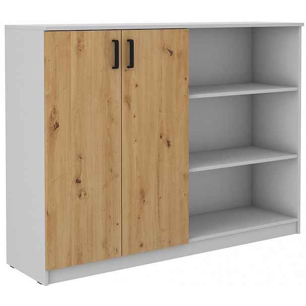 Vysoká skříňka s regálem MABAKA - šedá / dub artisan