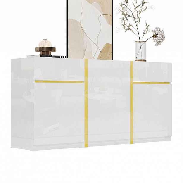 Modfu PŘÍBORNÍK z MDF a dřevotřísky 160x40x78 cm bílý se 2 zásuvkami, 3 dvířky a vysokým leskem se zlatými detaily