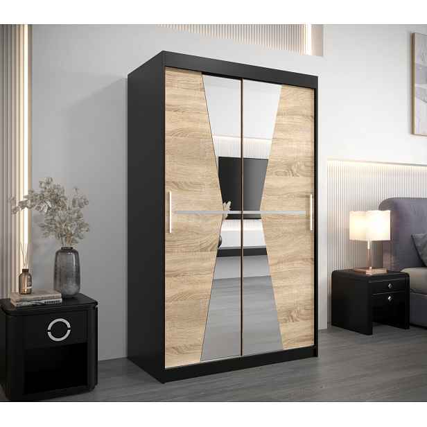Šatní skříň se zrcadly MILANA - šířka 120 cm, černá / dub sonoma