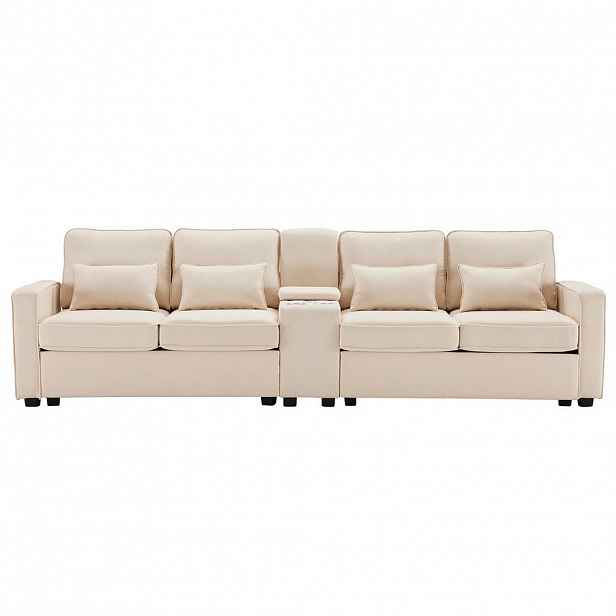 Redom ČTYŘMÍSTNÁ pohovka 290/83/88 cm s 2 USB porty, konzolí a držáky nápojů, lněná tkanina, Béžová