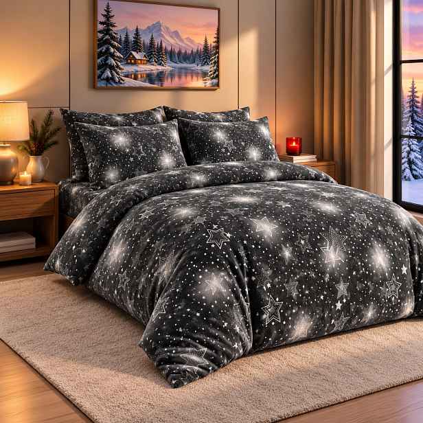 Francouzské mikroplyšové povlečení Premium 220x200+2x70x90 Hvězdné nebe černé