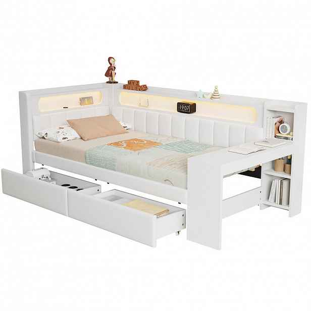 OKWISH DENNÍ postel 90/200 cm bílá z MDF a překližky s čalouněním, LED, USB, stolem a 2 zásuvkami