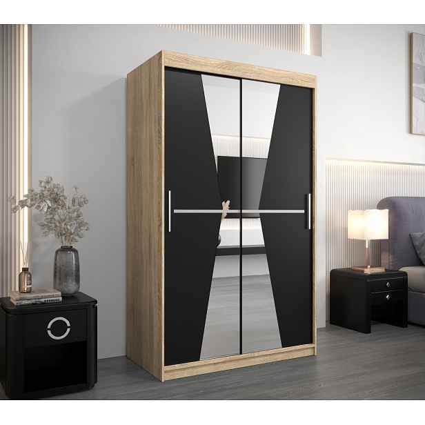 Šatní skříň se zrcadly MILANA - šířka 120 cm, dub sonoma / černá