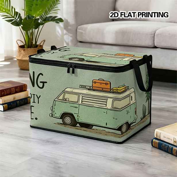 TEMU 1ks Velká skládací úložná krabice na zip s prémiovým potiskem stylových prvků, vintage kempovací RV zábavný slogan 2D tištěný , ideální pro