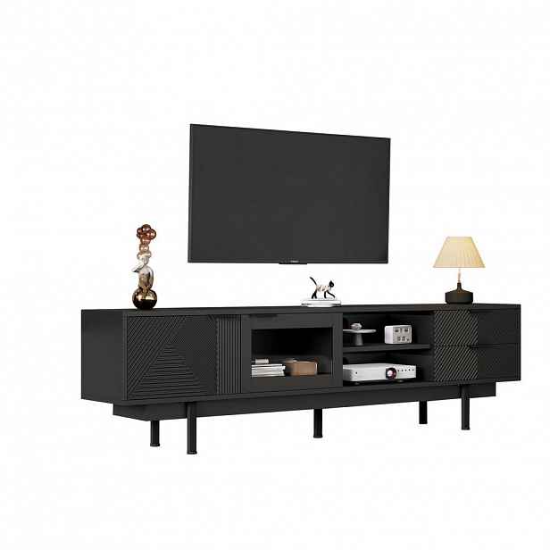 Modfu TV stolek z dřevotřísky 200x40x50,5 cm černý se 2 dvířky a 2 zásuvkami, pro TV do 80 palců