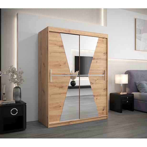 Šatní skříň se zrcadly MILANA - šířka 150 cm, dub artisan