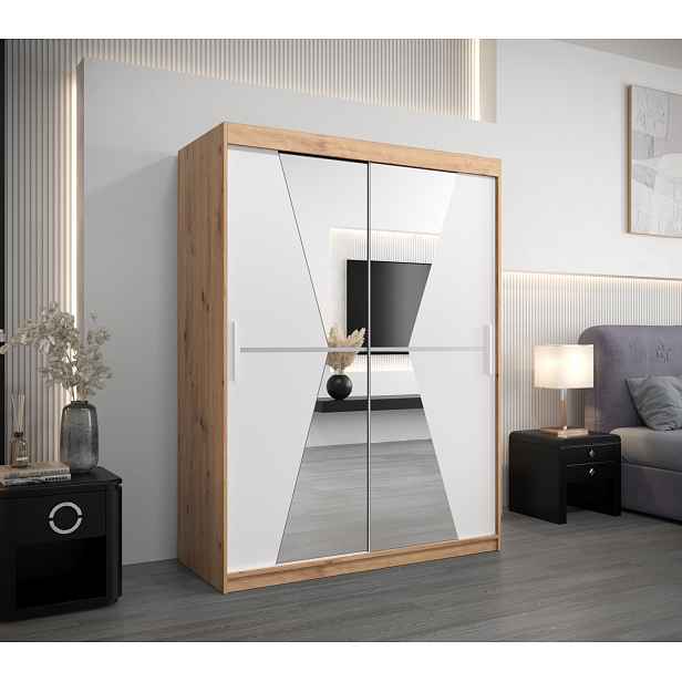 Šatní skříň se zrcadly MILANA - šířka 150 cm, dub artisan / bílá