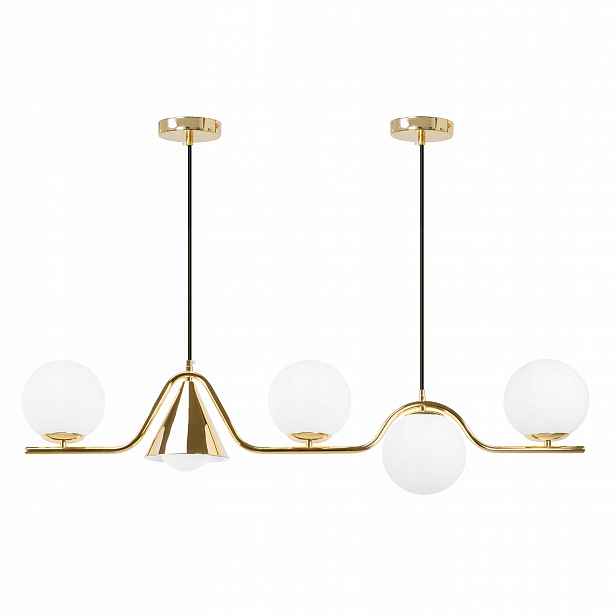 Zlatá závěsná lampa s bílými geometrickými kuličkami, elegantní stropní lustr
