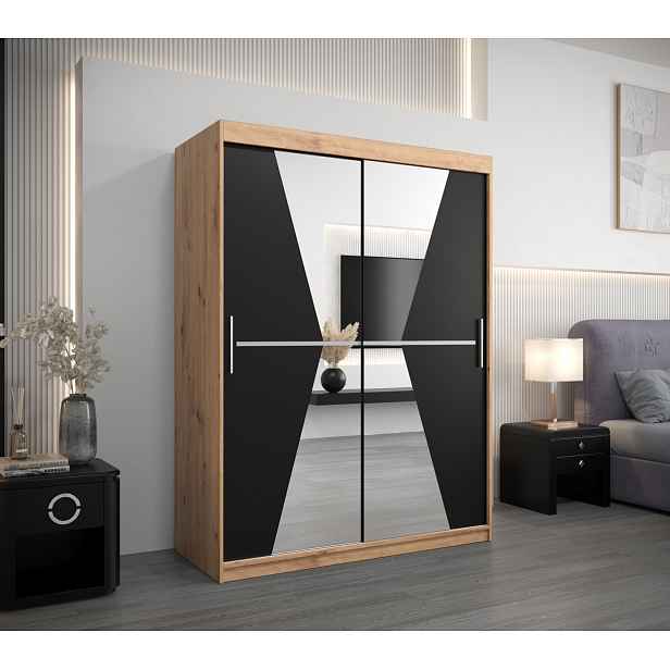 Šatní skříň se zrcadly MILANA - šířka 150 cm, dub artisan / černá