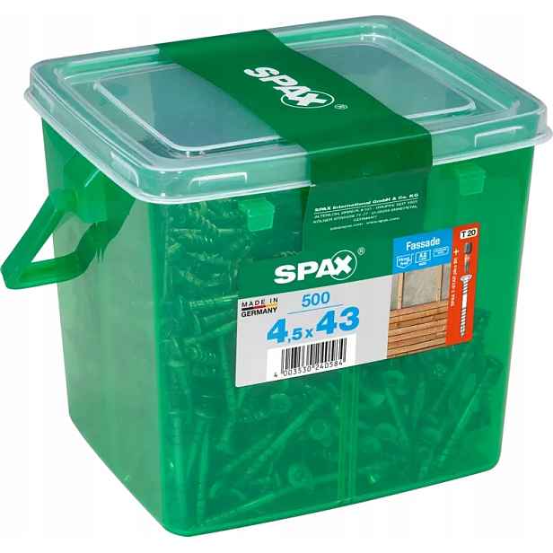 Šrouby Spax pro fasádní desku 4,5 x 43 mm, A2,TX stříbrné, kbelík 500 ks