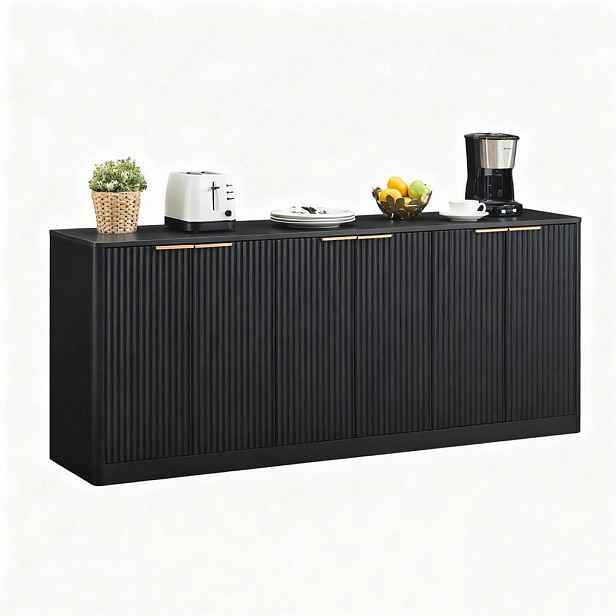 Modfu KOMODA z MDF 170x40x70,5 cm černá se 6 dvířky, vlnitým designem a dekorem dřeva