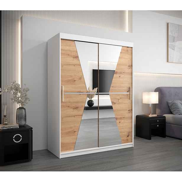 Šatní skříň se zrcadly MILANA - šířka 150 cm, bílá / dub artisan