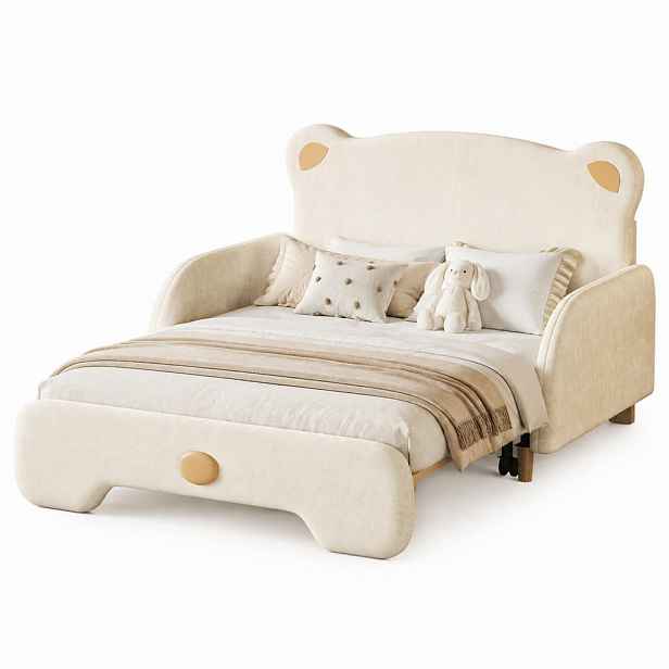 CHICFURN ČALOUNĚNÁ POSTEL 140/200 cm & 140/105 cm v béžové barvě s výsuvným lůžkem ze sametu