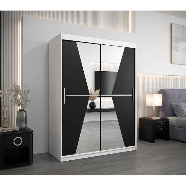 Šatní skříň se zrcadly MILANA - šířka 150 cm, bílá / černá