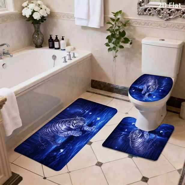 TEMU 2D Plochá Sada 3/4 ks Protiskluzových Koupelnových Rohožek, Modrý Tygr v Potoku za Měsíční Noci, Dekorace do Domácnosti, Savá Podlahová Rohožka