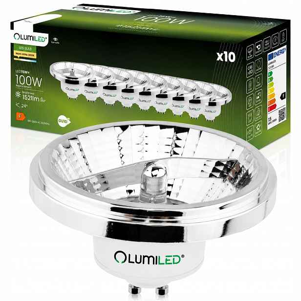 10x Led žárovka GU10 AR111 ES111 15W 100W 3000K 24° Stříbrná Lumiled