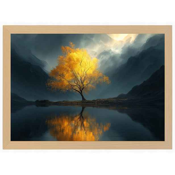 Plakát Rámeček Dřevo Zlaté Horské Dřevo Jezero Mlha Odraz 80x60