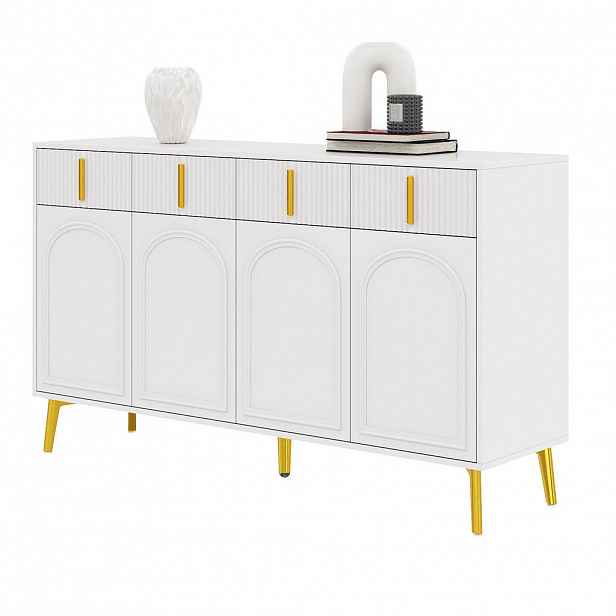 Modfu KOMODA z MDF 140x38x82 cm bílá se 4 zásuvkami, 4 dvířky a nastavitelnými policemi, se zlatými detaily
