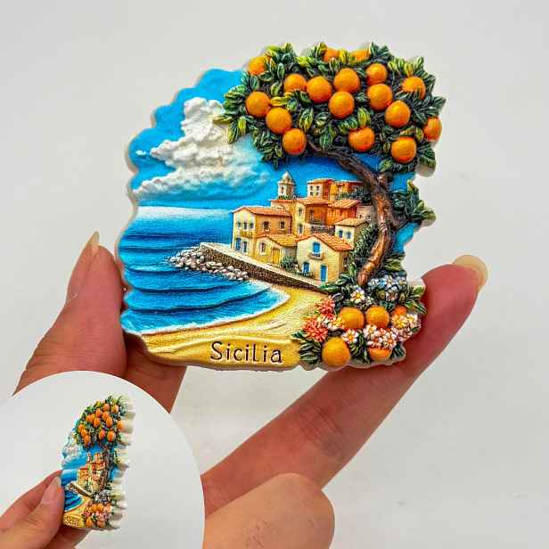 TEMU 1ks Magnet Sicílie Itálie vhodný pro kuchyň, lednici a kancelářskou dekoraci - 3D pryskyřičná památka s citrusovým pobřežím Sicílie, italský