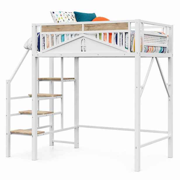 CHICFURN VYVÝŠENÁ POSTEL 140/200 cm v bílé barvě s bezpečnostním zábradlím