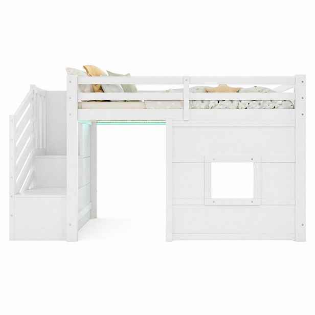 CHICFURN VYVÝŠENÁ POSTEL 90/200 cm v bílé barvě se schody, úložným prostorem a LED