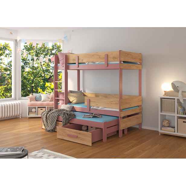 Dětská patrová postel pro tři s matracemi 80x180 GADORA - růžová / dub craft