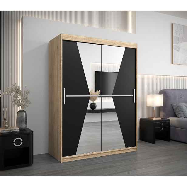 Šatní skříň se zrcadly MILANA - šířka 150 cm, dub sonoma / černá
