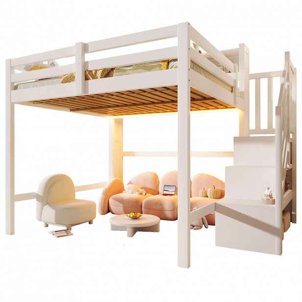 CHICFURN VYVÝŠENÁ POSTEL 140/200 cm v bílé barvě s LED osvětlením a úložnými schody