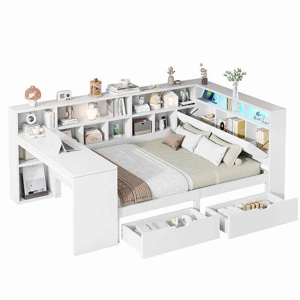 CHICFURN ČALOUNĚNÁ POSTEL 140/200 cm v bílé barvě s LED, USB a psacím stolem