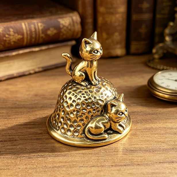TEMU Vintage mosazná ozdoba ve tvaru kočičího zvonečku, umělecká dekorace na stůl v evropském stylu, ručně třesená figurka zvonečku. Zvoneček má dva