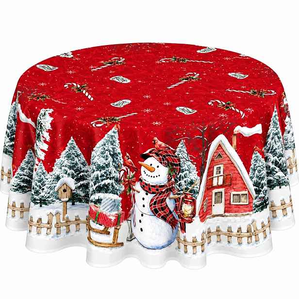 Vánoční Ubrus Kulatý 140 CM Červený Sněhulák Polyester